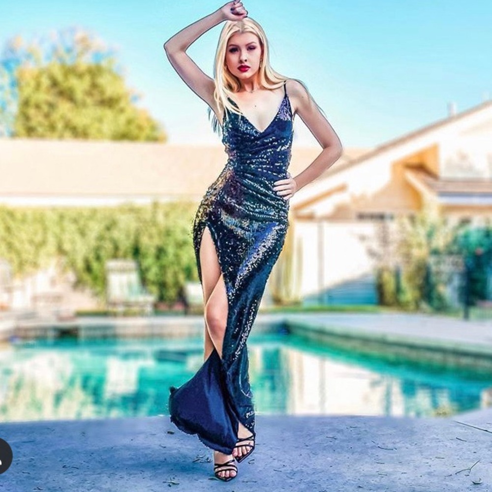 Black sequin side split gown. NWT. Small
